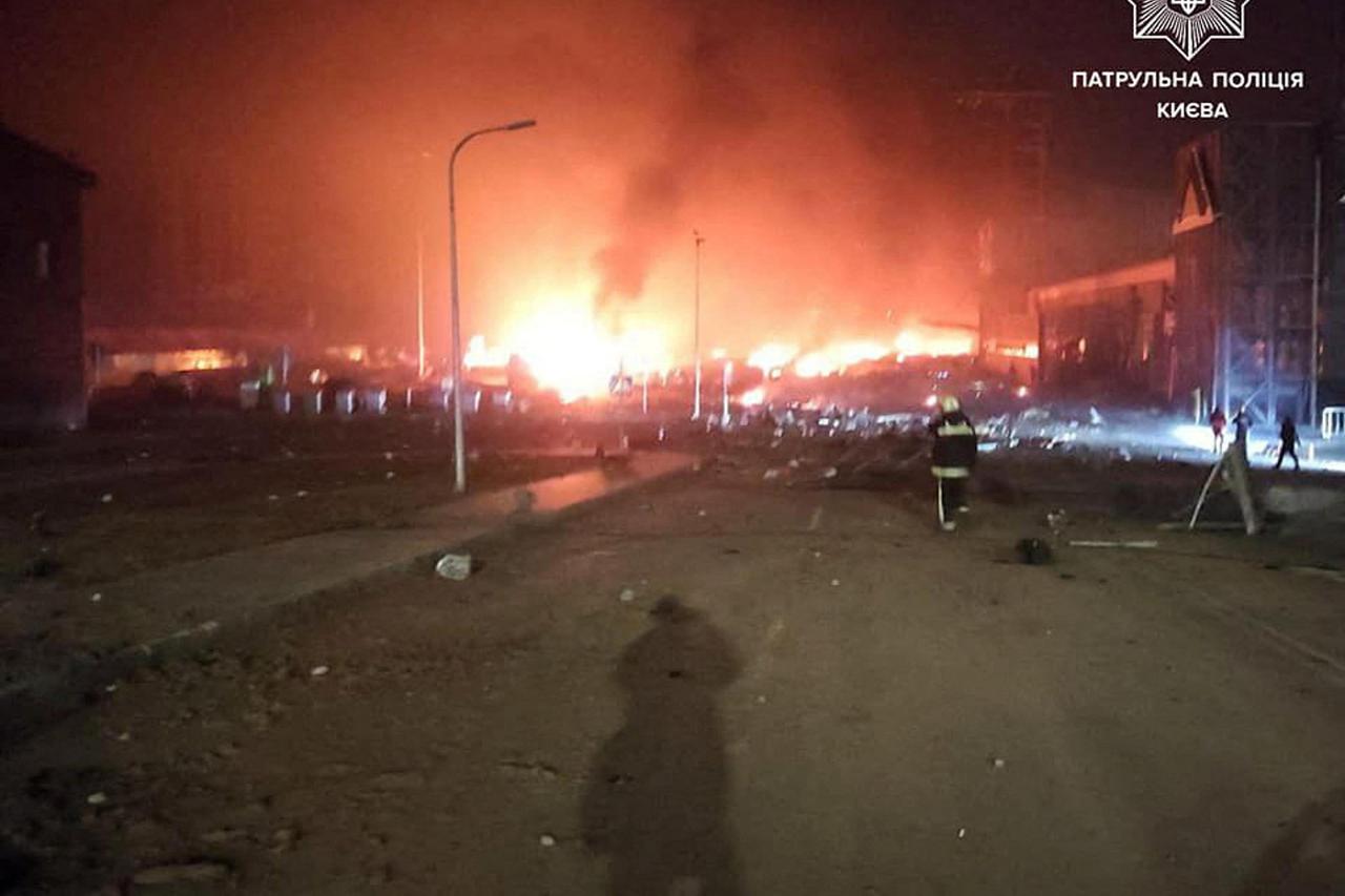 A view shows buildings damaged by an airstrike in Kyiv