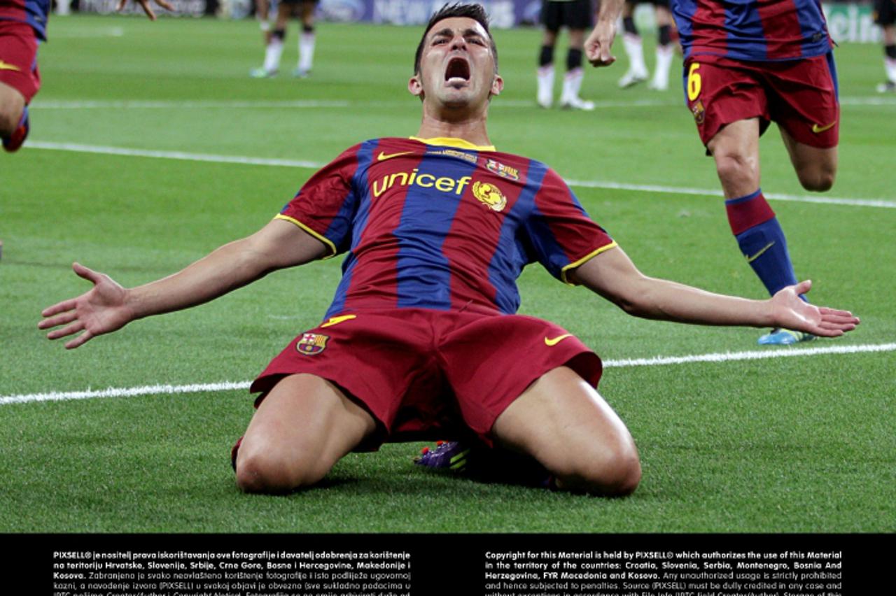 'Barcelona\'s David Villa celebrates after scoring his side\'s third goal of the gamePhoto: Press Association/PIXSELL'