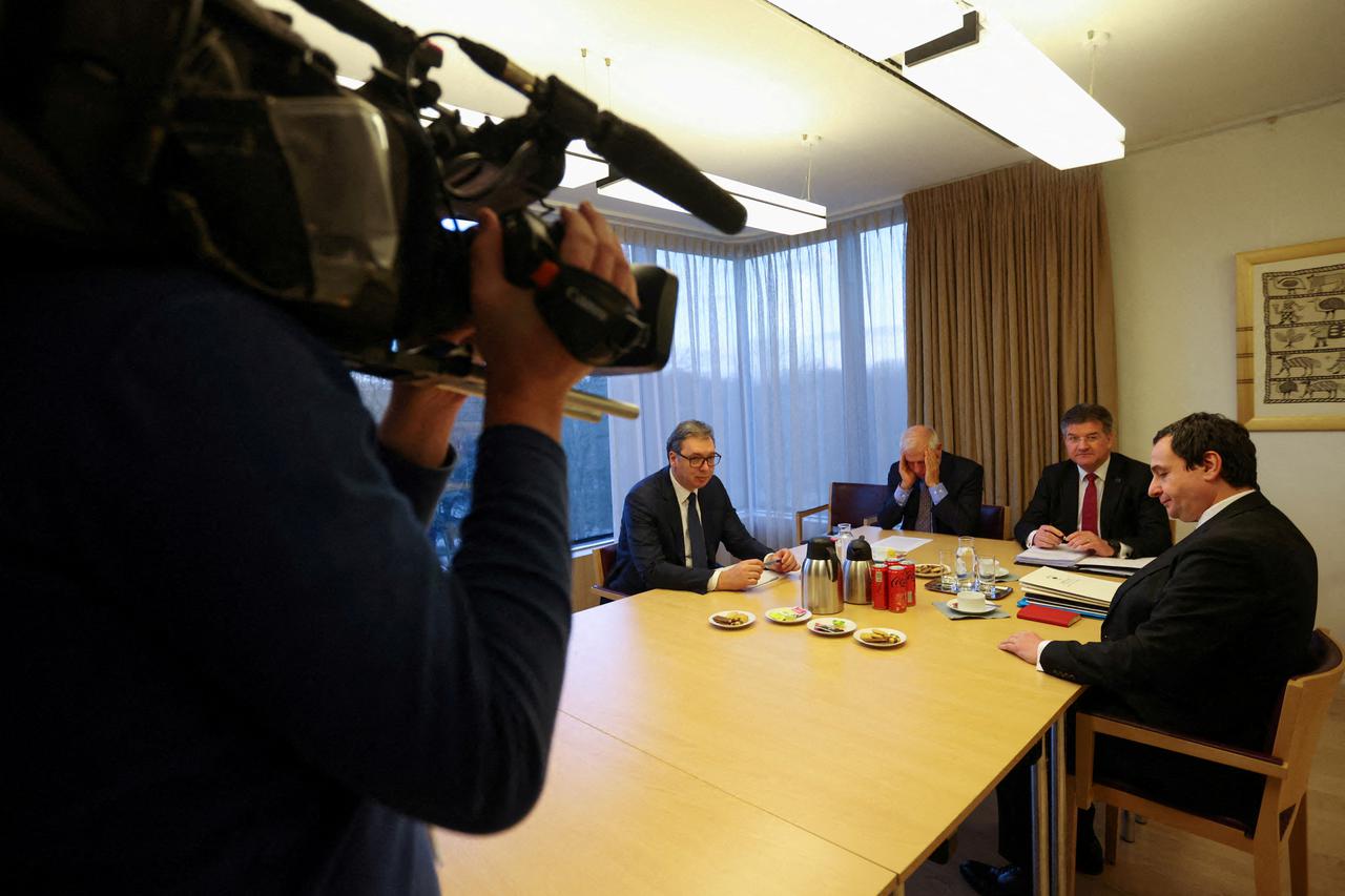 FILE PHOTO: Serbian President Vucic, Kosovar PM Kurti and EU foreign policy chief Borrell attend talks in Brussels