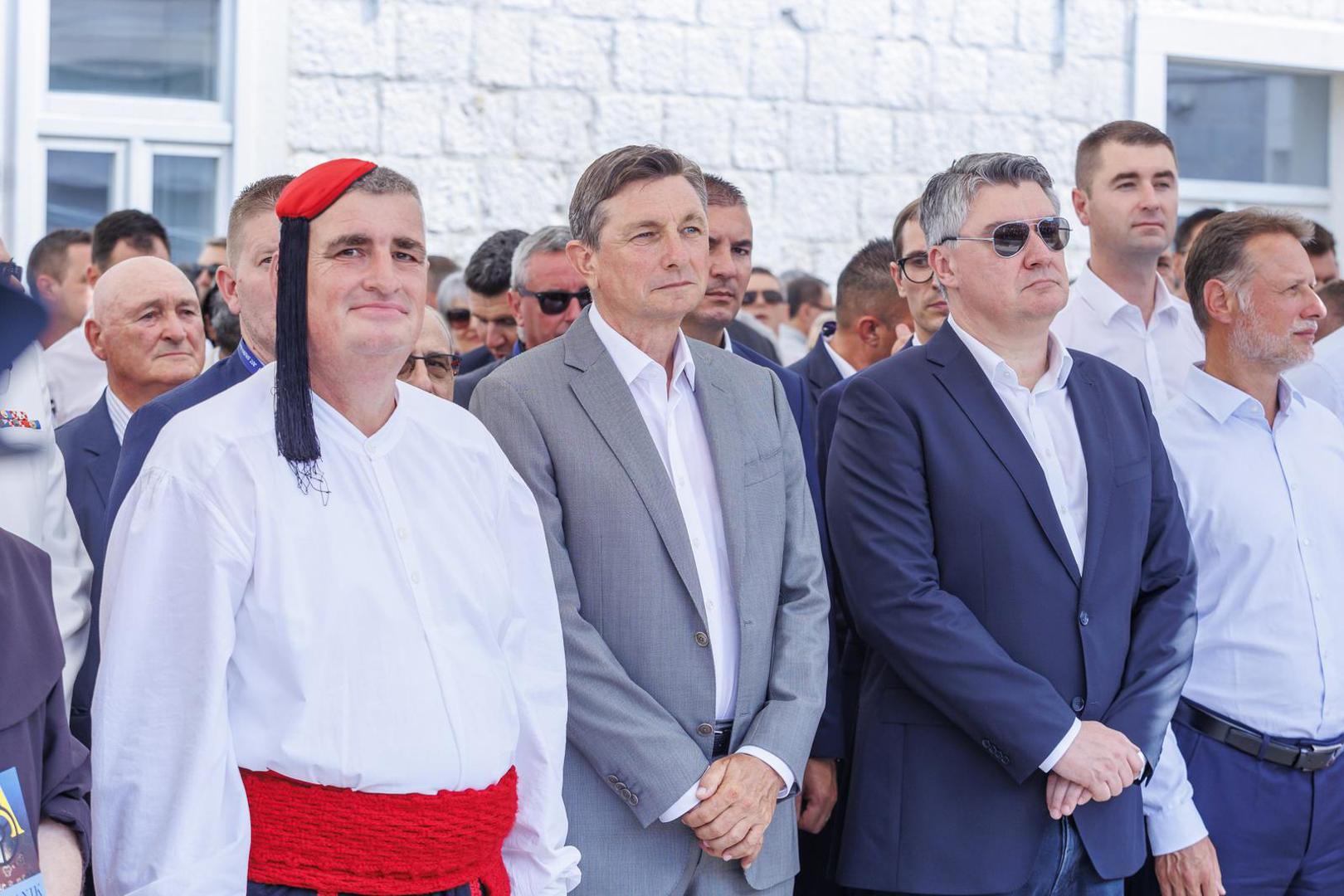 07.08.2022., Sinj - Predsjednik RH Zoran Milanovic, premijer Andrej Plenkovic s ministrima, predsjednik Republike Slovenije Borut Pahor sudjelovali su na Vojvodinom prijemu u Alkarskim dvorima.Miro Bulj, Borut PahorPhoto:   Photo: Miroslav Lelas/PIXSELL