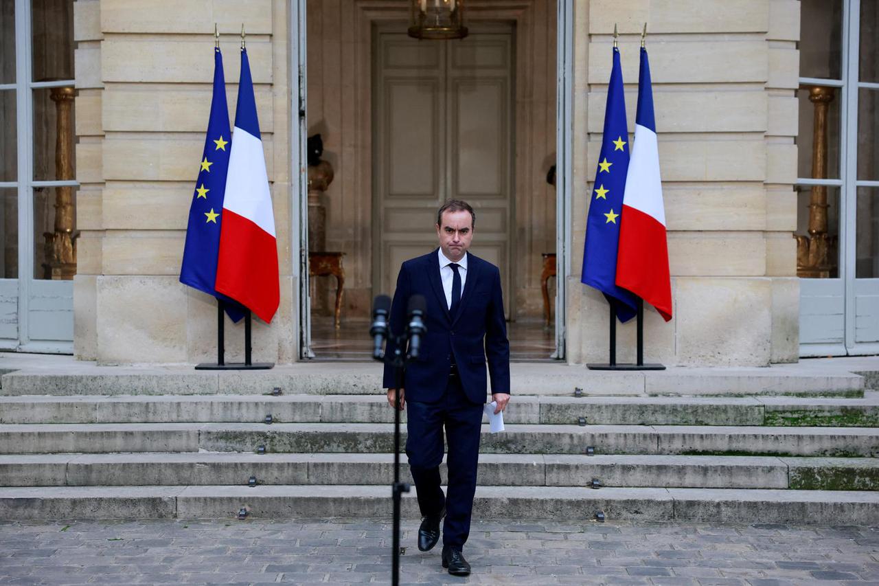 French outgoing Prime Minister Lecornu makes an address at Matignon in Paris