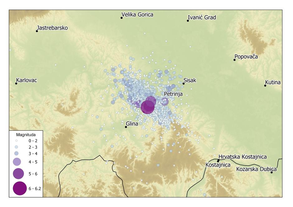 Karta preliminarnih lokacija epicentara potresa u okolici Petrinje od 28. prosinca 2020. do 28. siječnja 2021. u 12 sati