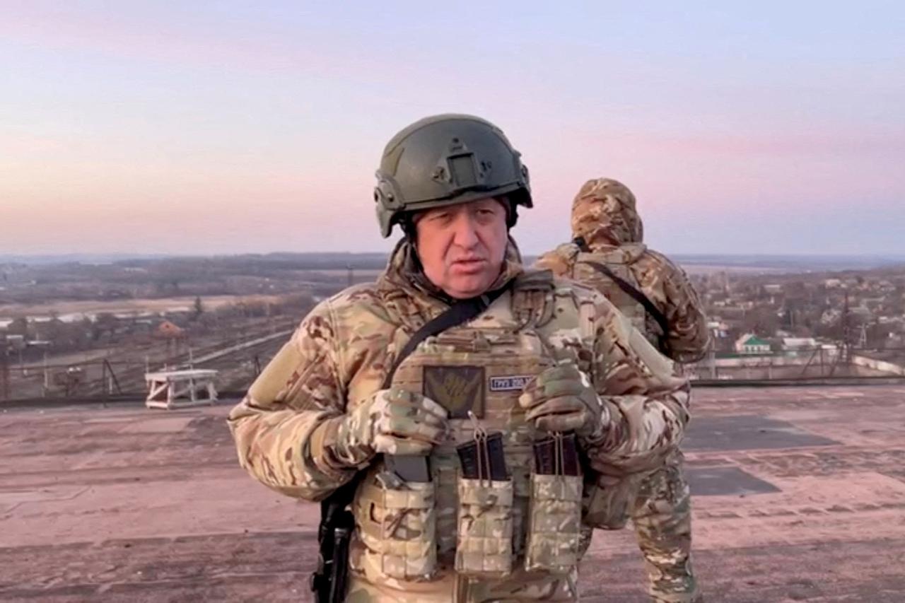 FILE PHOTO: Yevgeny Prigozhin, founder of Russia's Wagner mercenary force, speaks in Paraskoviivka