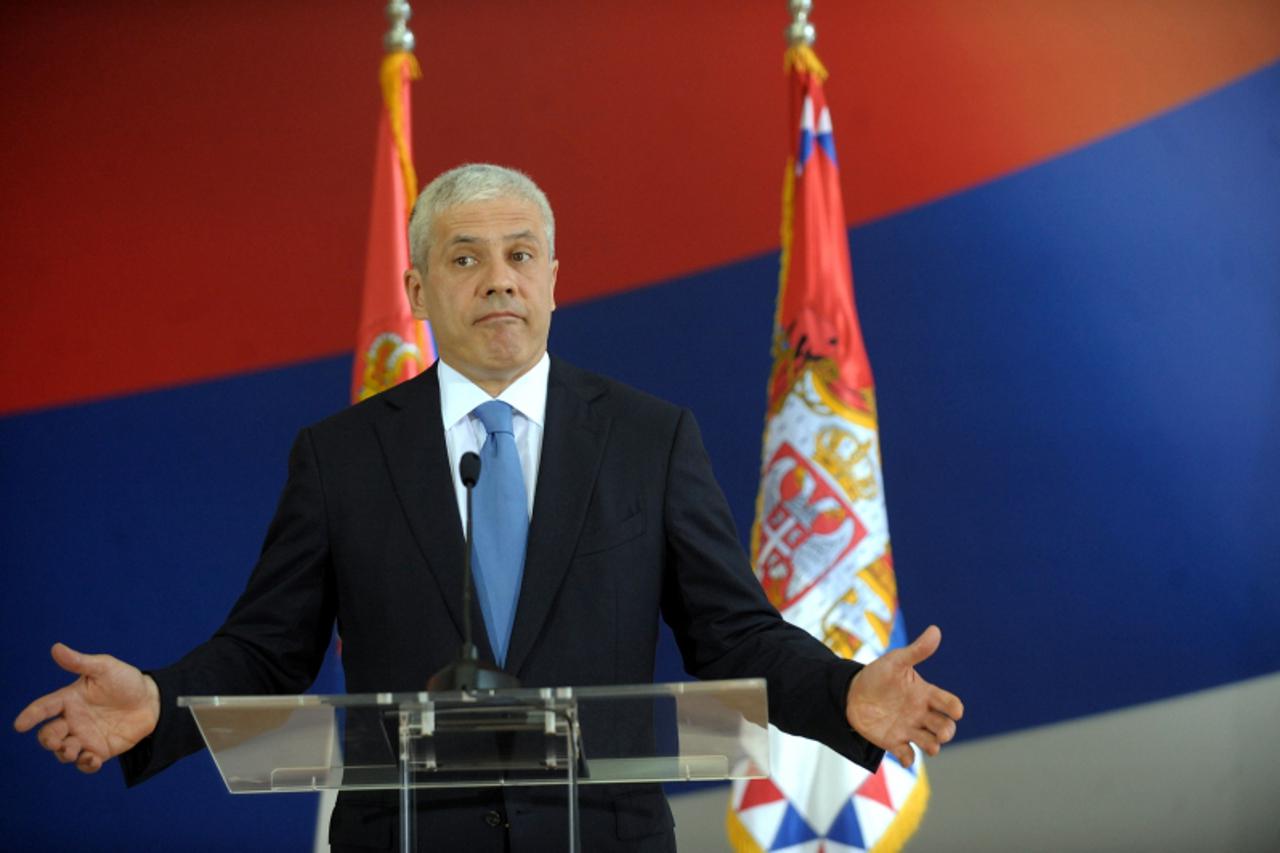 \'Serbian President Boris Tadic gives a press conference on May 26, 2011 in Belgrade to announce the arrest of war crimes suspect Ratko Mladic, the former Bosnian Serb army commander. Tadic said the e