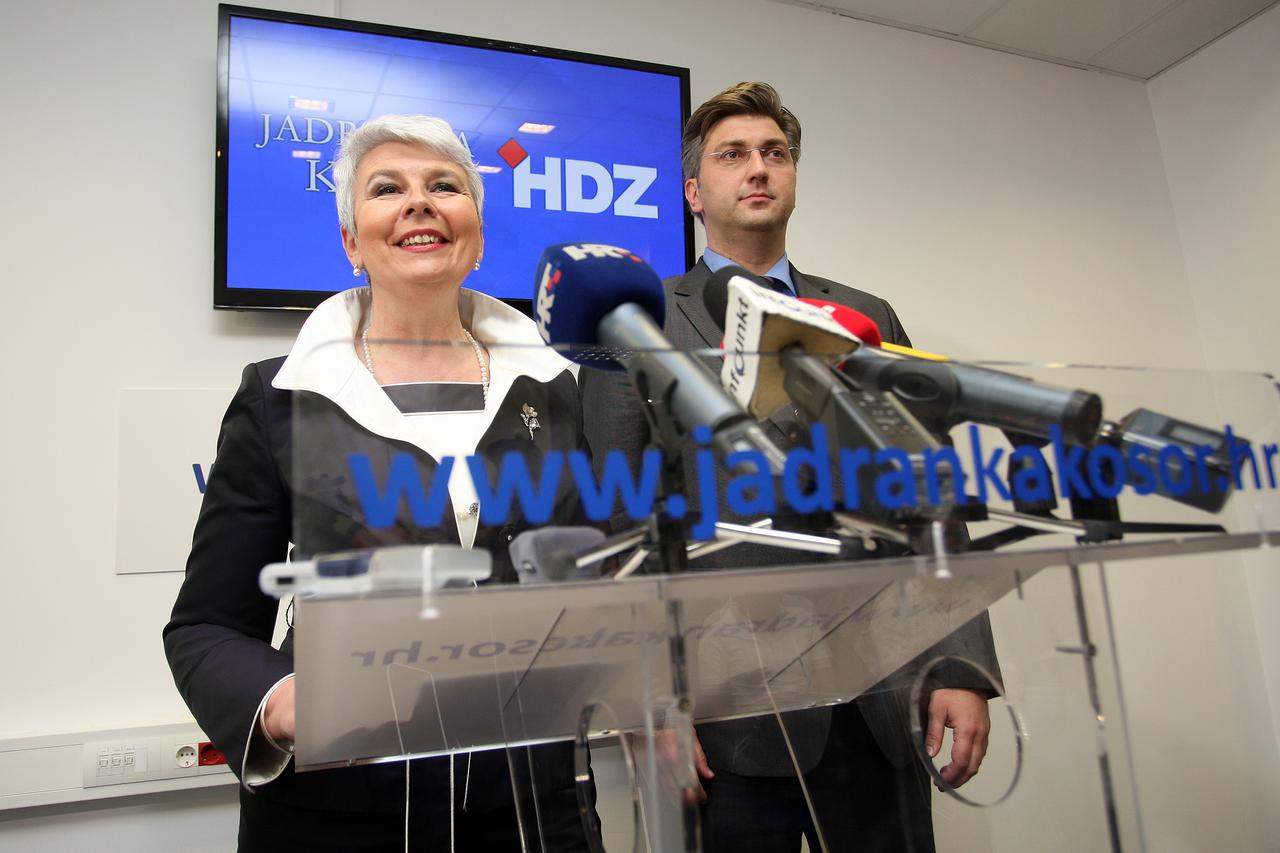 04.05.2012., Zagreb - Konferencija za novinare na kojoj je Jadranka Kosor, predsjednica HDZ-a objavila da ce Andrej Plenkovic biti kandidat za zamjenika predsjednika HDZ-a na unutarstranackim izborima. Photo: Igor Kralj/PIXSELL