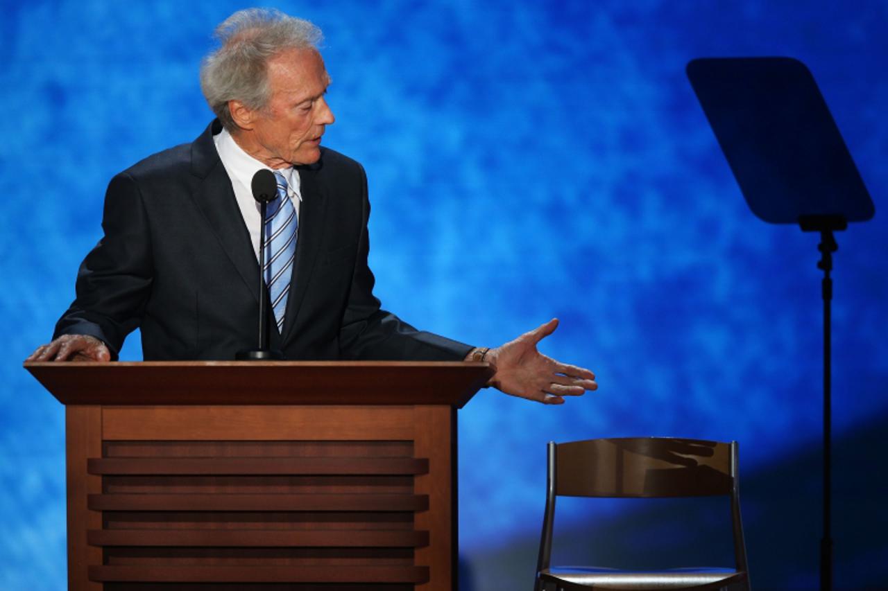 'TAMPA, FL - AUGUST 30: Actor Clint Eastwood speaks during the final day of the Republican National Convention at the Tampa Bay Times Forum on August 30, 2012 in Tampa, Florida. Former Massachusetts G