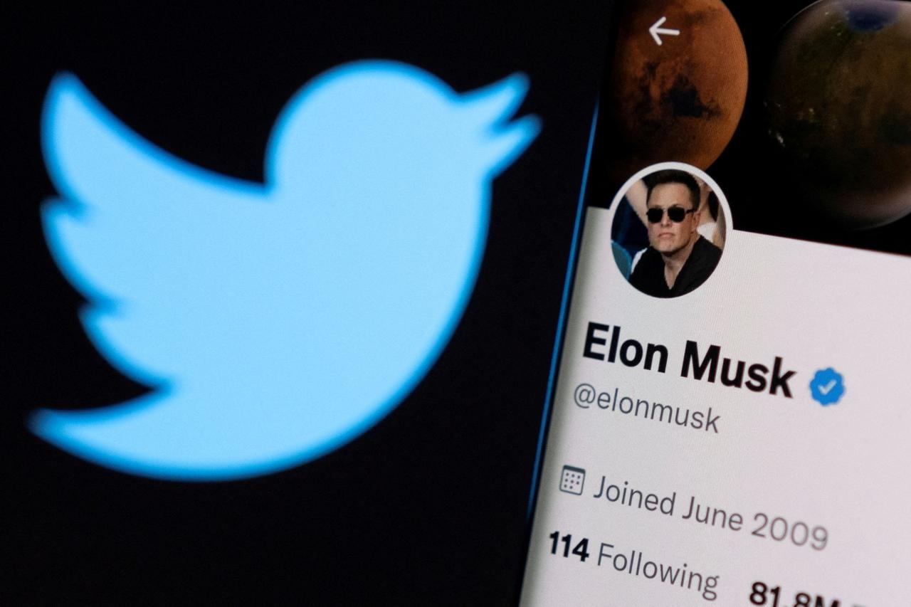 A photo illustration shows Elon Musk's twitter account and the Twitter logo