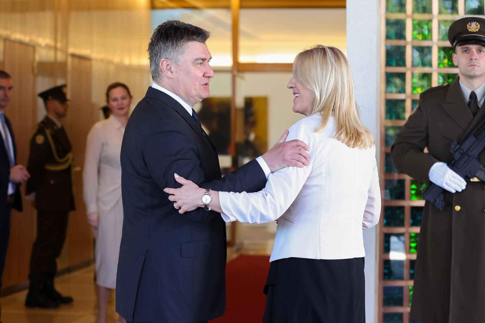 16.03.2023., Ured predsjednika Republike Hrvatske, Zagreb - Predsjednik Republike Hrvatske Zoran Milanovic docekao je predsjedateljicu Predsjednistva Bosne i Hercegovine Zeljku Cvijanovic. Photo: Luka Stanzl/PIXSELL