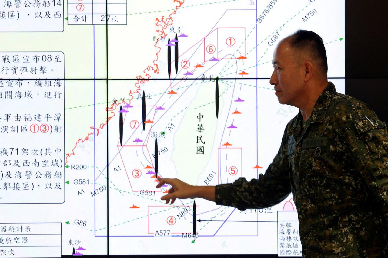 FILE PHOTO: Taiwan's defence ministry press conference about China’s military drills around Taiwan in Taipei