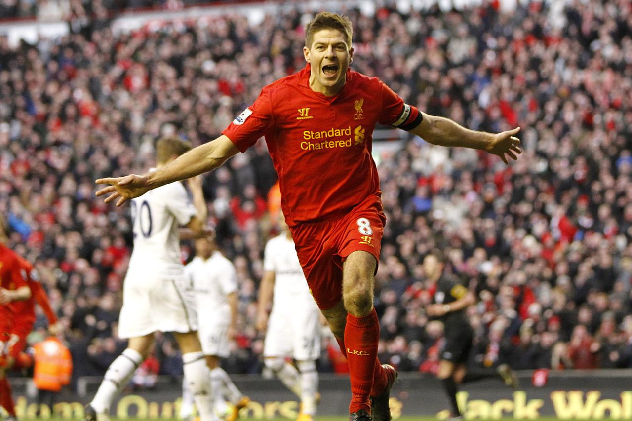 Soccer - Barclays Premier League - Liverpool v Tottenham Hotspur - AnfieldLiverpool's Steven Gerrard celebrates scoring his side's third goal of the game from the penalty spotPeter Byrne Photo: Press Association/PIXSELL