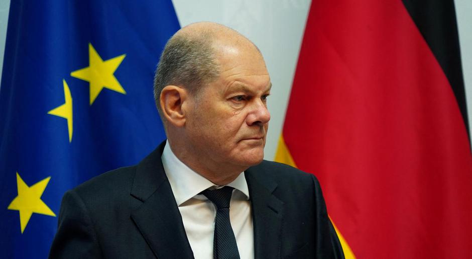 German Chancellor Olaf Scholz addresses the media after meeting representatives of chemicals industry in Mainz