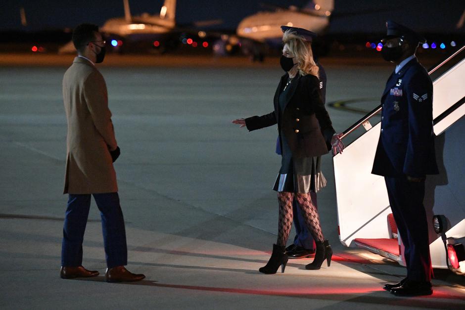 U.S. First Lady Jill Biden deplanes upon arrival at Andrews Air Force Base in Maryland