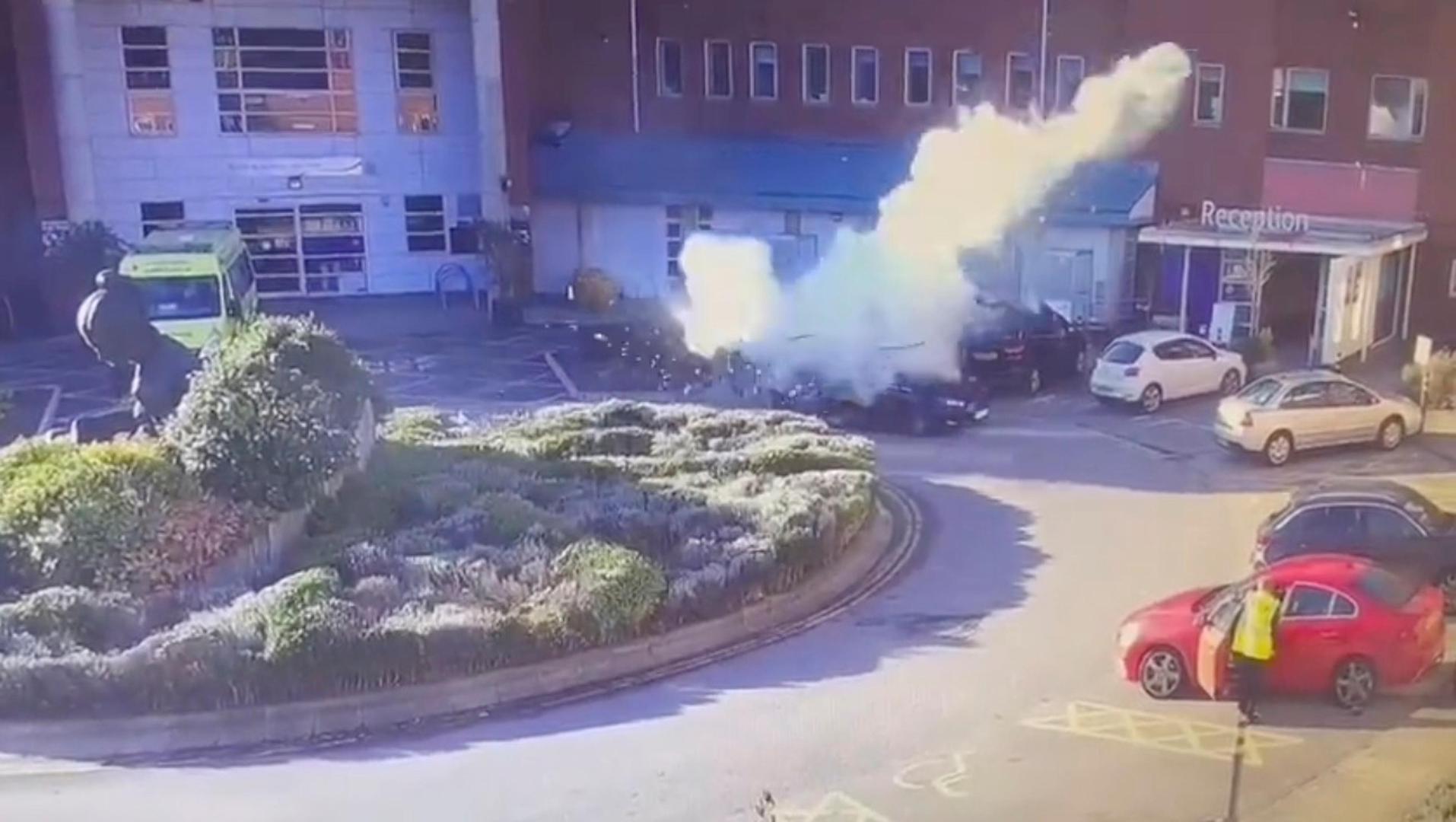 A surveillance camera footage shows a taxi exploding outside Liverpool Women's hospital in Liverpool, Britain November 14, 2021 in this still image obtained from a video on November 15, 2021. CCTV/via REUTERS THIS IMAGE HAS BEEN SUPPLIED BY A THIRD PARTY. NO RESALES. NO ARCHIVES.