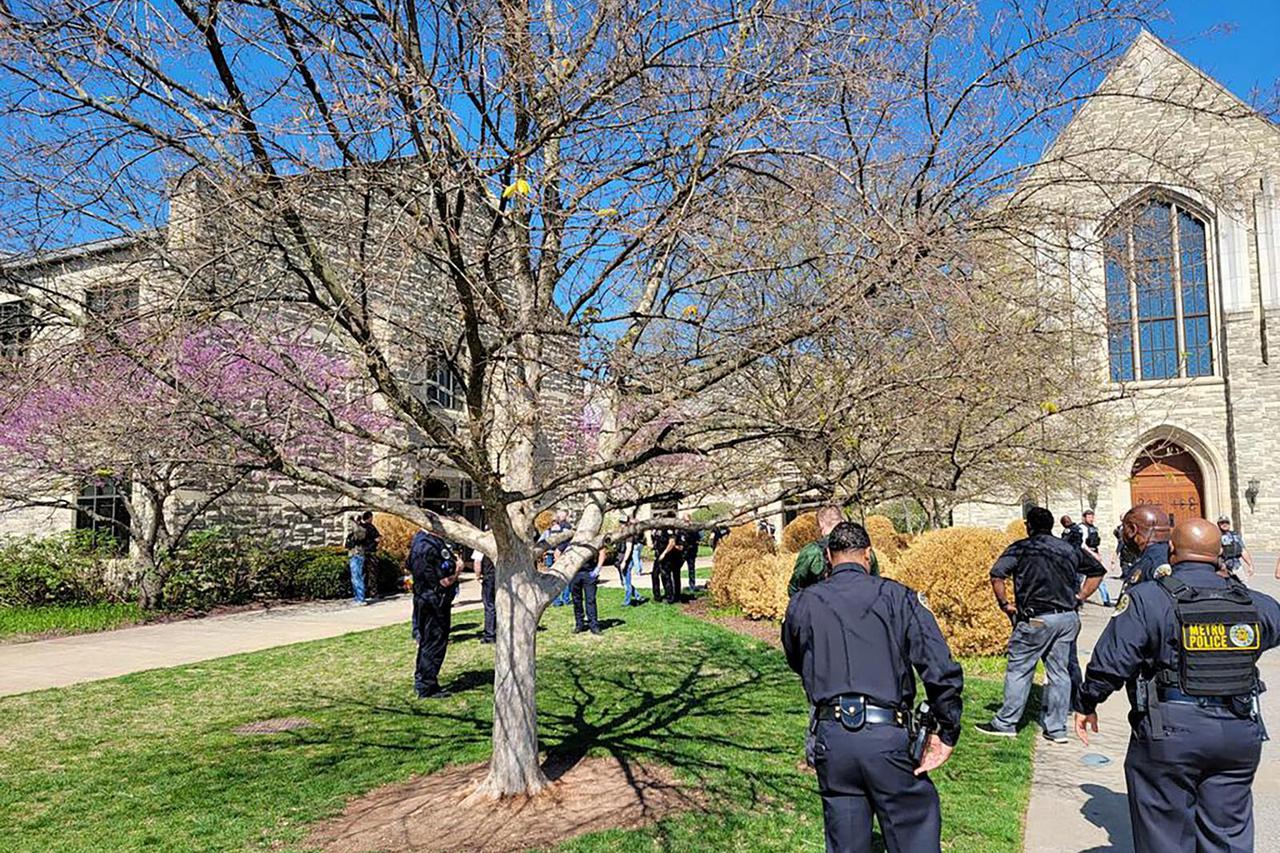 Police officers arrive at the Covenant School, Covenant Presbyterian Church, after reports of a shooting in Nashville