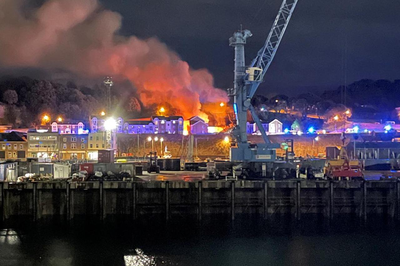 A general view of fire and smoke in Saint Helier following an explosion on the island of Jersey