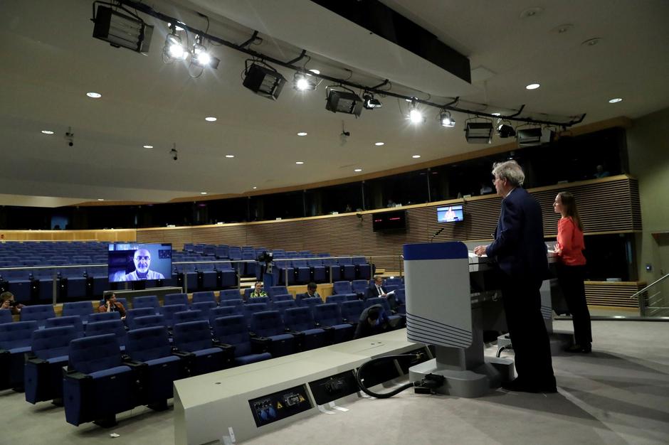 EU Economy Commissioner Paolo Gentiloni gives a news conference on the 2020 Eurostat report on progress towards the Sustainable Development Goals in the EU, in Brussels