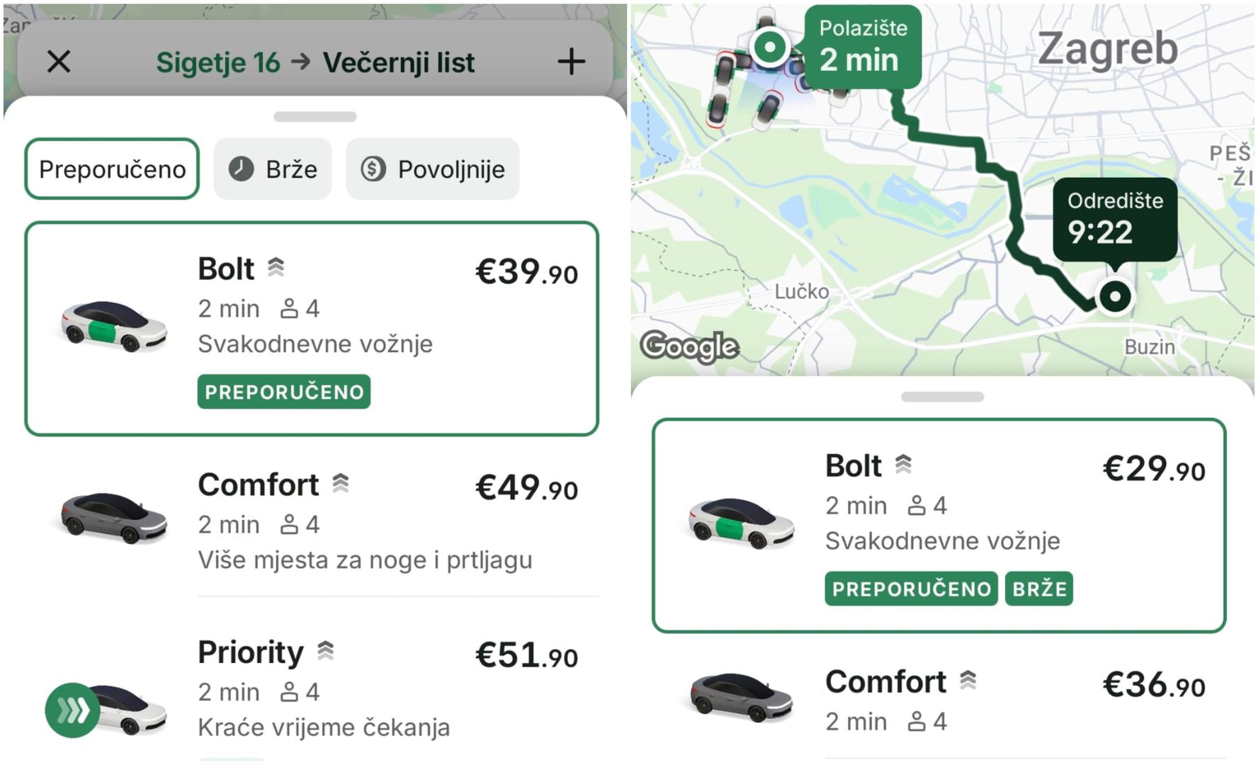 S obzirom na novonastalu situaciju, provjerili smo cijene taksija na popularnim platformama Bolt i Uber koje su zasigurno danas morali koristiti brojni građani kojima opcija nije bila ostati kod kuće.

Usporedili smo istu rutu prije 9 i nakon 9 sati. S lijeve strane možete vidjeti cifru koja nas je najviše šokirala, a to je nevjerojatnih 40 eura za potez od Sigetja do Sloboštine. Istu rutu provjerili smo i iza 9 sati (slika desno).