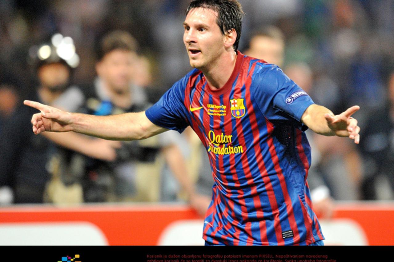 'Barcelona\'s Lionel Messi celebrates scoring his team\'s opening goal Photo: Press Association/Pixsell'
