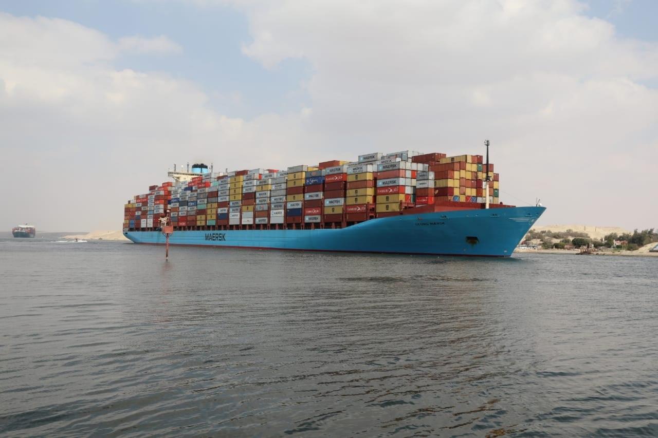 A container ship sails at the Suez Canal, in Ismailia