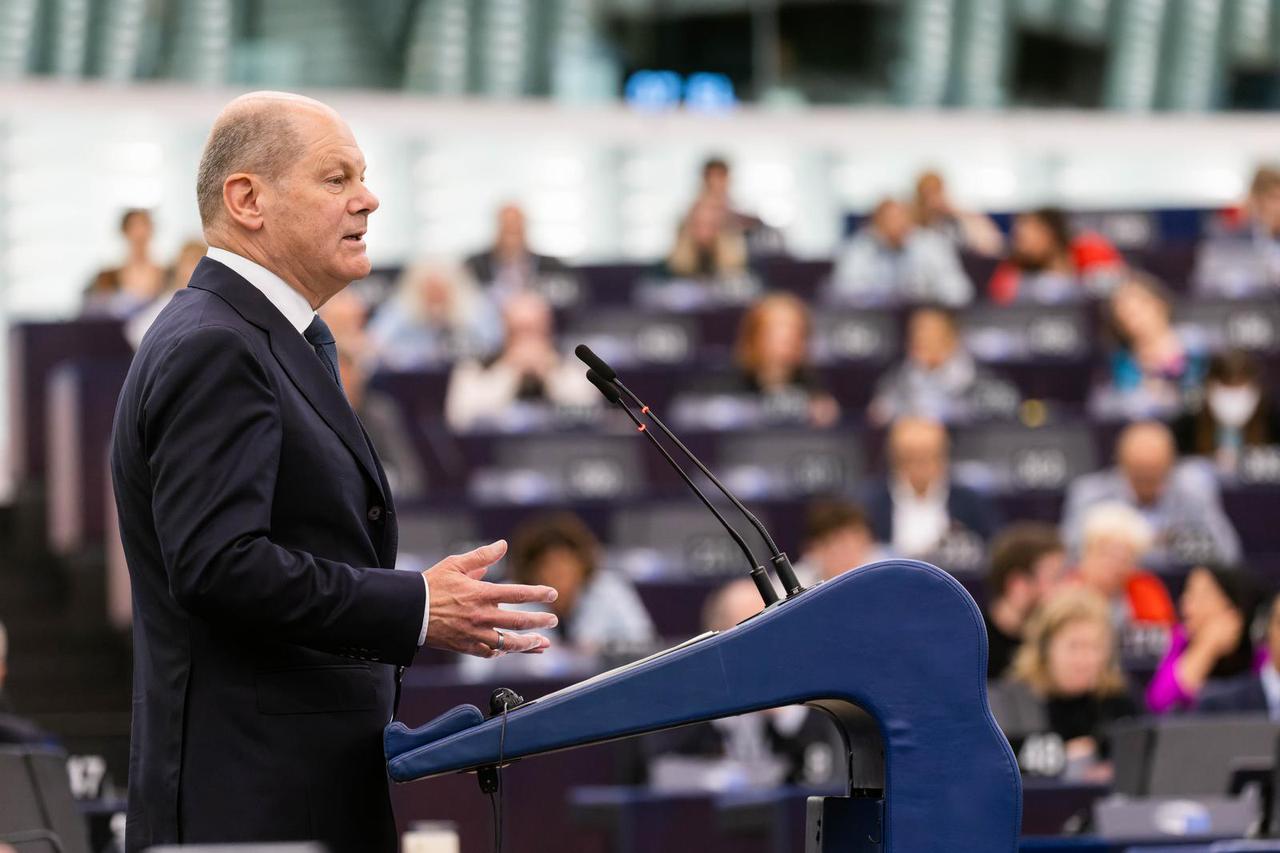 German Chancellor Olaf Scholz speaks in the EU Parliament