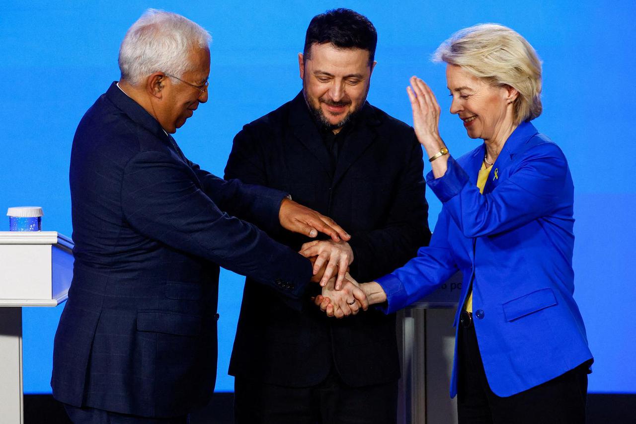 FILE PHOTO: Ukraine's Zelenskiy, and EU's von der Leyen and Costa attend press conference on fourth anniversary of Russia's full-scale invasion, in Kyiv