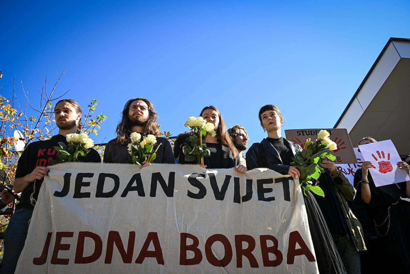01.11.2025., Zagreb  - Prosvjed ispred Veleposlanstva Republike Srbije na godisnjicu pada nadstresnice u Novom Sadu Photo: Josip Regovic/PIXSELL