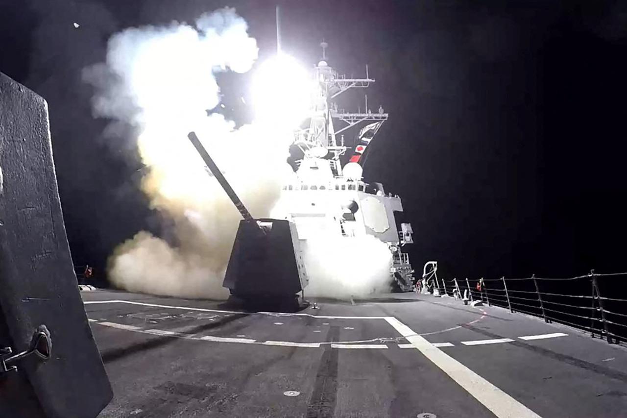 A missile is launched from a U.S. Navy warship against what they describe as Houthi military targets in Yemen