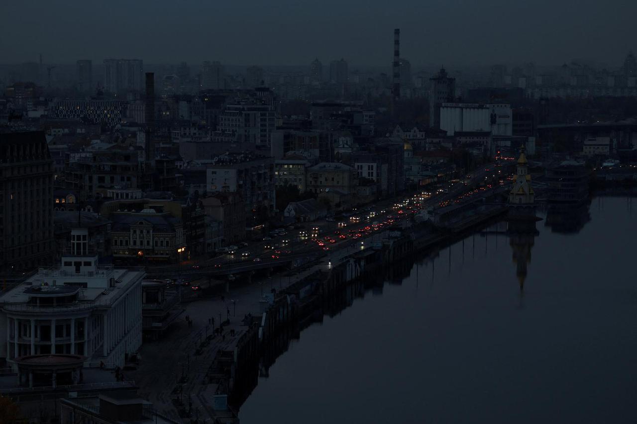 FILE PHOTO: A view shows the city centre without electricity after critical civil infrastructure was hit by Russian missile attacks in Ukraine in Kyiv