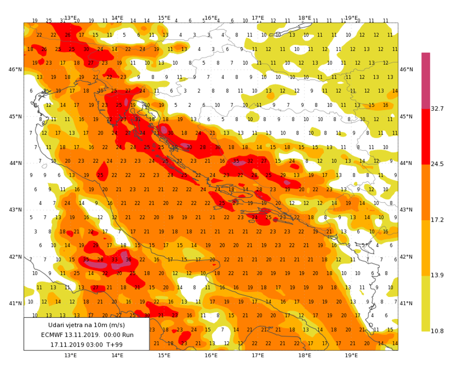Prognoza maksimalne brzine vjetra (m/s) iz ECMWF modela za 17. 11. 2019.