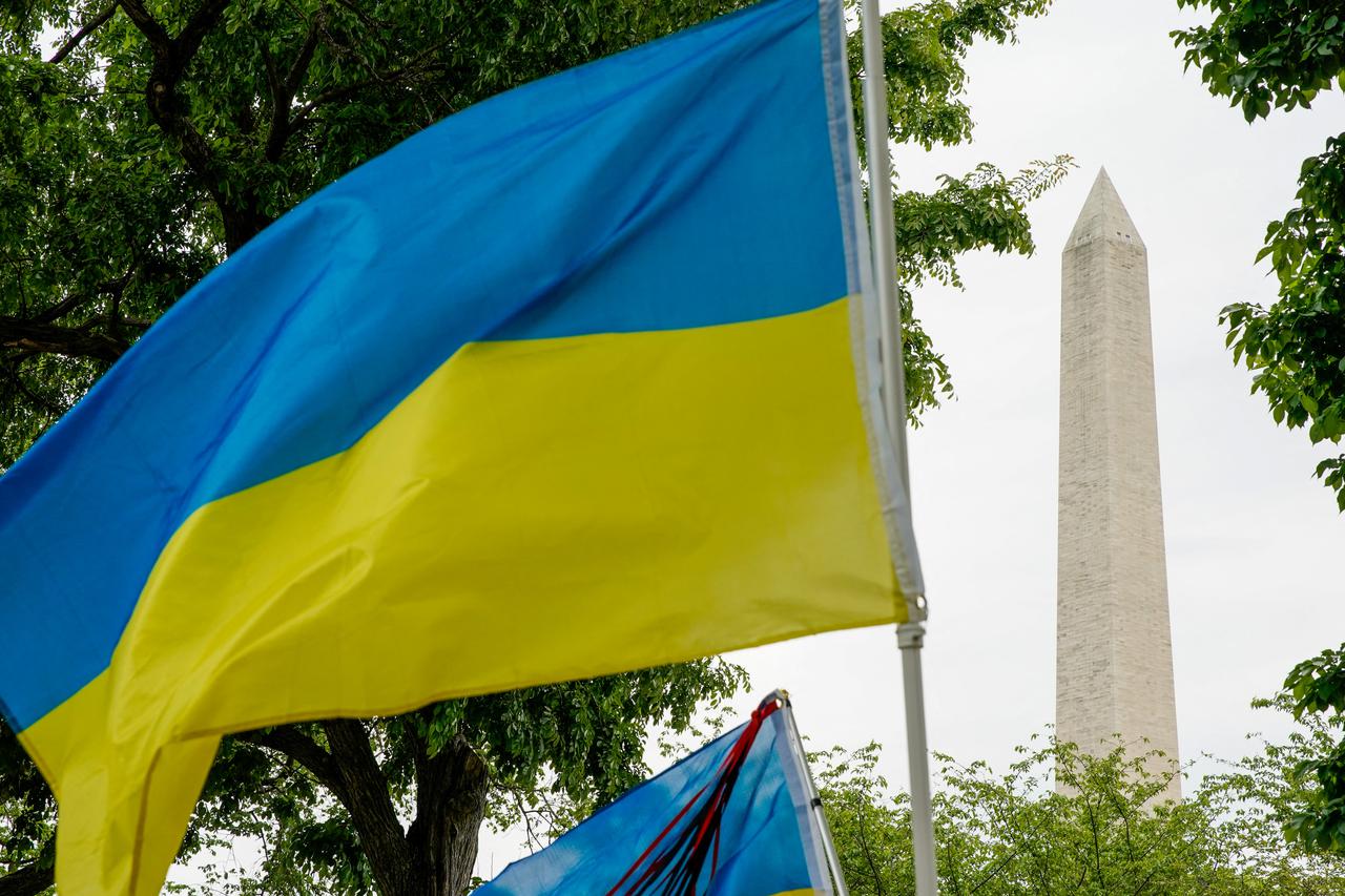 Pro-Ukrainian demonstrators march along the National Mall in Washington