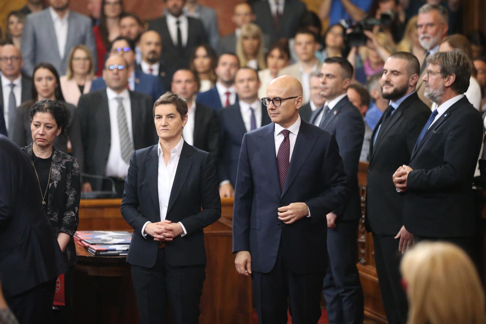 02, May, 2024, Belgrade - The Prime Minister of the Republic of Serbia, Milos Vucevic, and the ministers took the oath in the Assembly of the Republic of Serbia, and with that, their mandate officially began. Ana Brnabic, Milos Vucevic. Photo: F.S./ATAImages02, maj, 2024, Beograd - Predsednik Vlade Republike Srbije Milos Vucevic i ministri polozili su zakletvu u Skupstini Republike Srbije, a time je poceo i zvanicno da im tece mandat. Photo: F.S./ATAImages Photo: F.S./ATAImages/PIXSELL