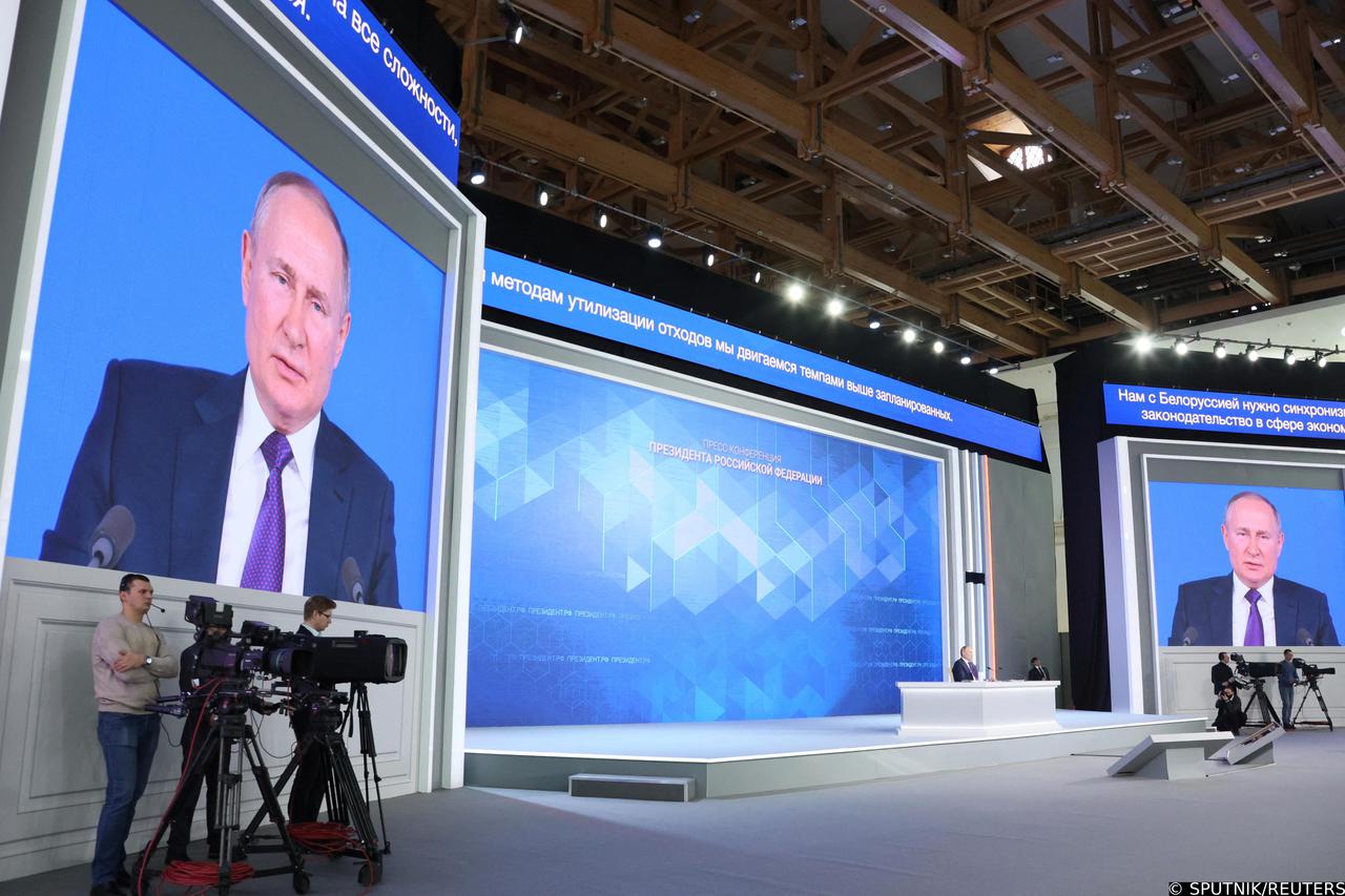 Russian President Putin attends a news conference in Moscow