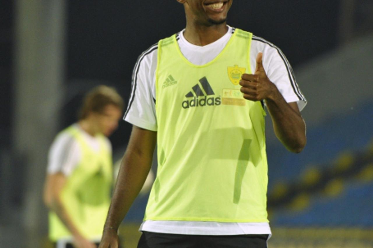 'Cameroon international Samuel Eto\'o gestures during a training session of his new team Anzhi Makhachkala in Rostov, August 26, 2011. Eto\'o transferred to Dagestani side Anzhi Makhachkala on Wednesd