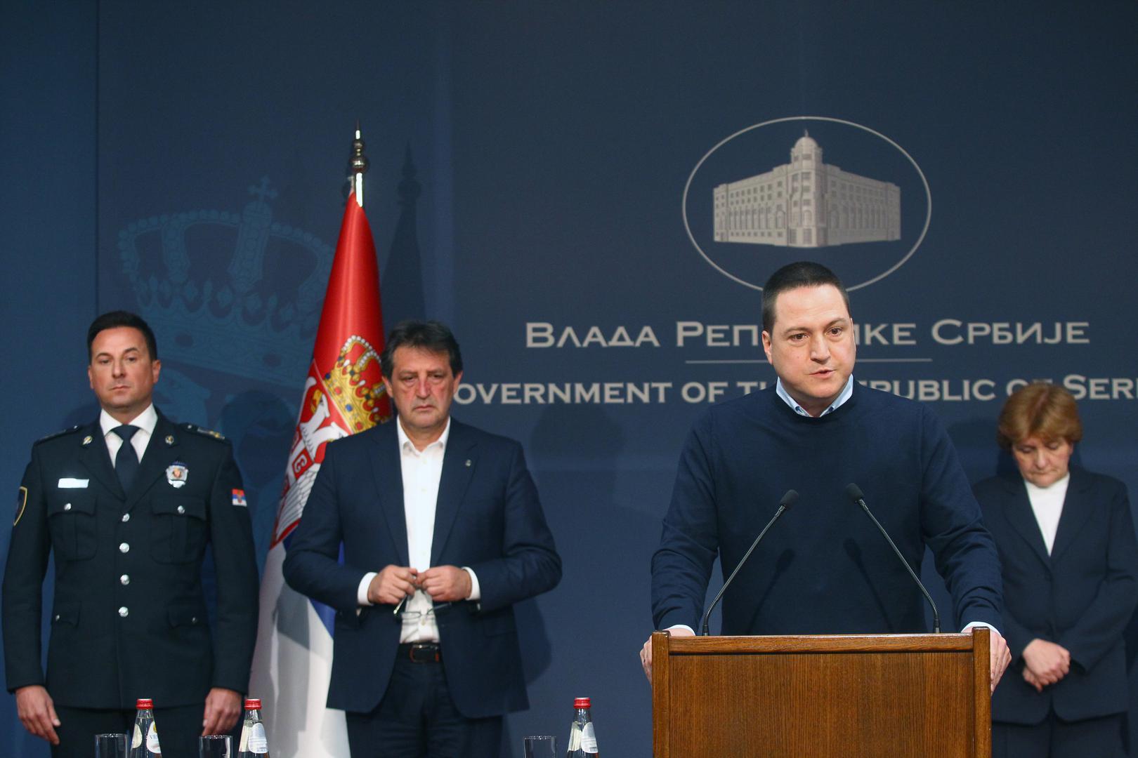 03, May, 2023, Belgrade - An extraordinary press conference on the occasion of the tragedy that happened at the "Vladislav Ribnikar" Elementary School in Belgrade was held at the Government of Serbia.  Veselin Milic, Bratislav Gasic, Branko Ruzic, Danica Grujicic. Photo: Milos Tesic/ATAImages03, maj, 2023, Beograd  - Vanredna konferencija za novinare, povodom tragedije koja se desila u Osnovnoj skoli "Vladislav Ribnikar” u Beogradu, odrzana je u Vladi Srbije. Photo: Milos Tesic/ATAImages Photo: Milos Tesic/PIXSELL