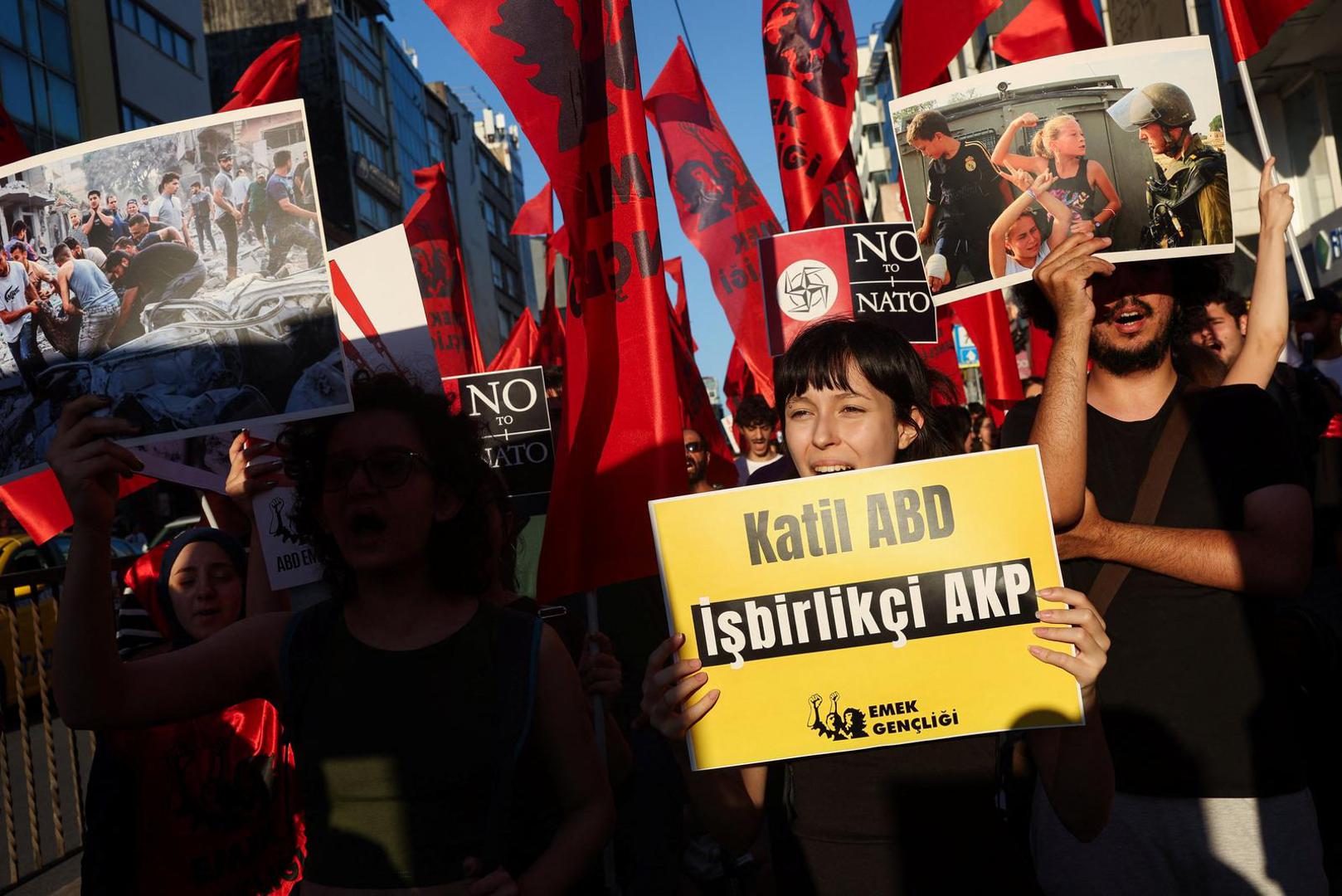 Demonstrators hold placards and flags during a protest ahead of NATO leaders' summit, in Istanbul, Turkey, July 5, 2026. REUTERS/Dilara Senkaya Photo: DILARA SENKAYA/REUTERS