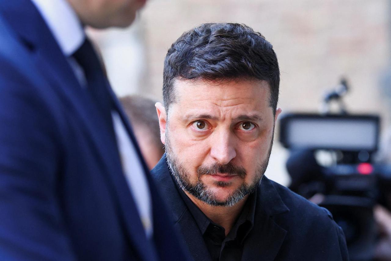 Ukrainian President Volodymyr Zelenskiy looks on as he walks after the Four Freedoms Awards ceremony in Middelburg