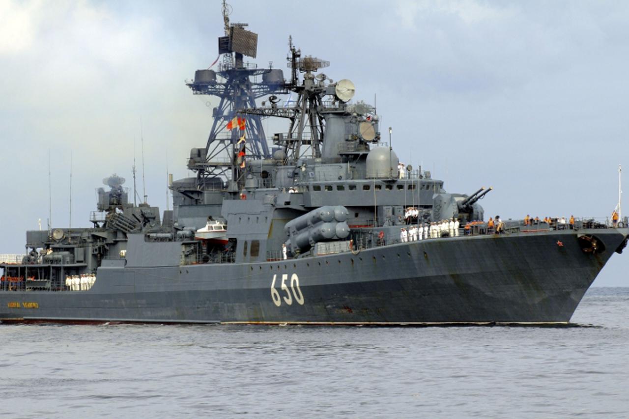 '(FILES) A file picture taken on December 19, 2008, shows the Admiral Chabanenko Russian destroyer arriving  at Havana's harbor. Russia has sent a naval flotilla of six warships including the Admiral