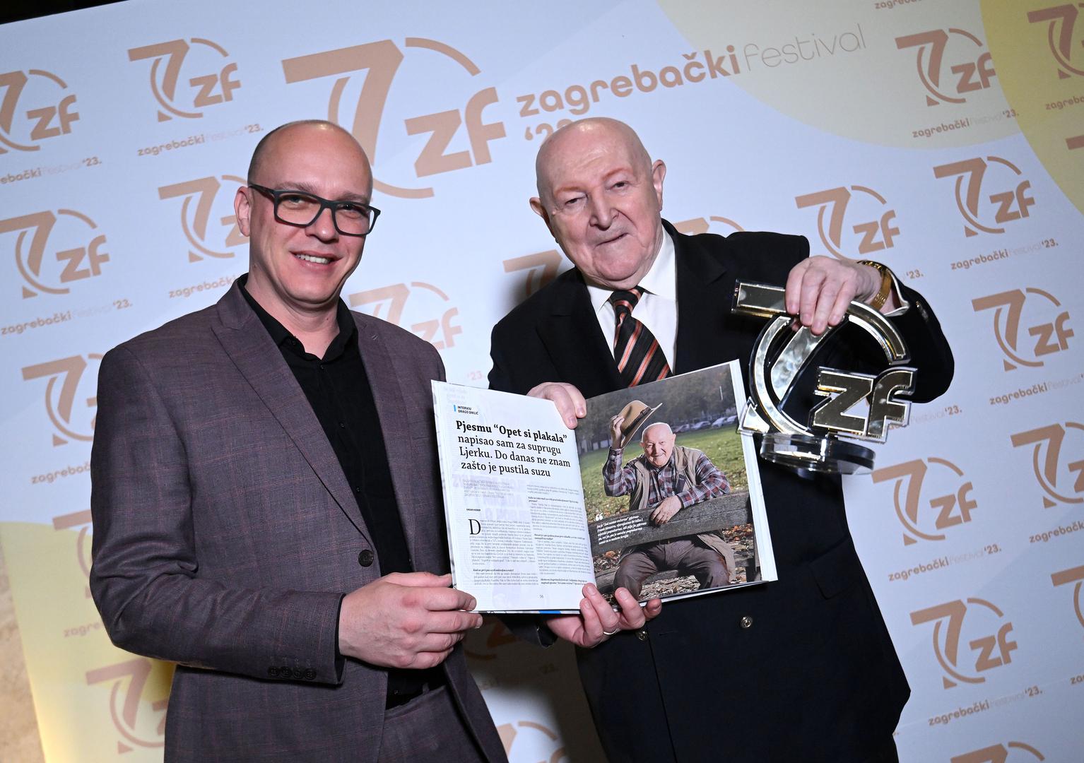 15.03.2023., Zagreb - 70 godina Zagrebackog festivala, promocija monografije i dodjela posebnog priznanja Dragi Diklicu. Drago Diklic, Branimir Mihaljevic Photo: Marko Lukunic/PIXSELL