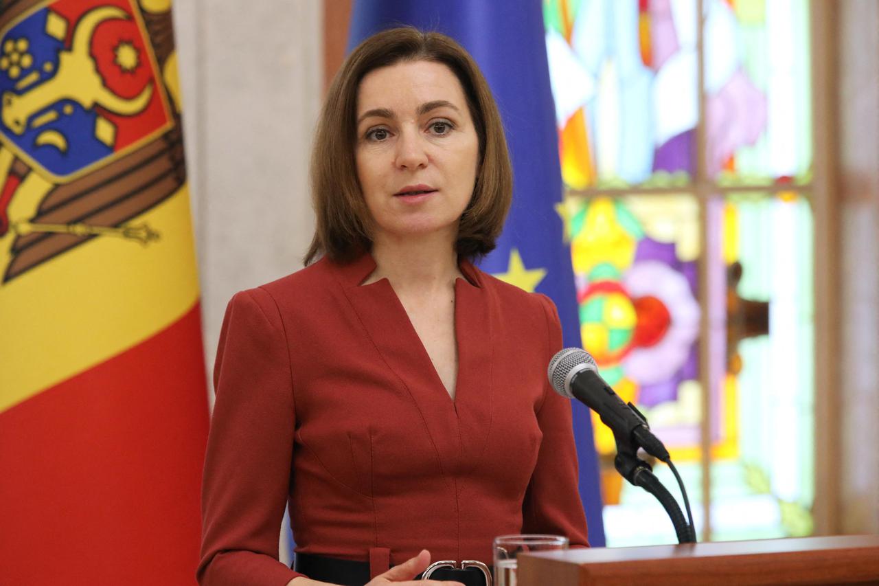 Moldovan President Maia Sandu attends a news conference in Chisinau