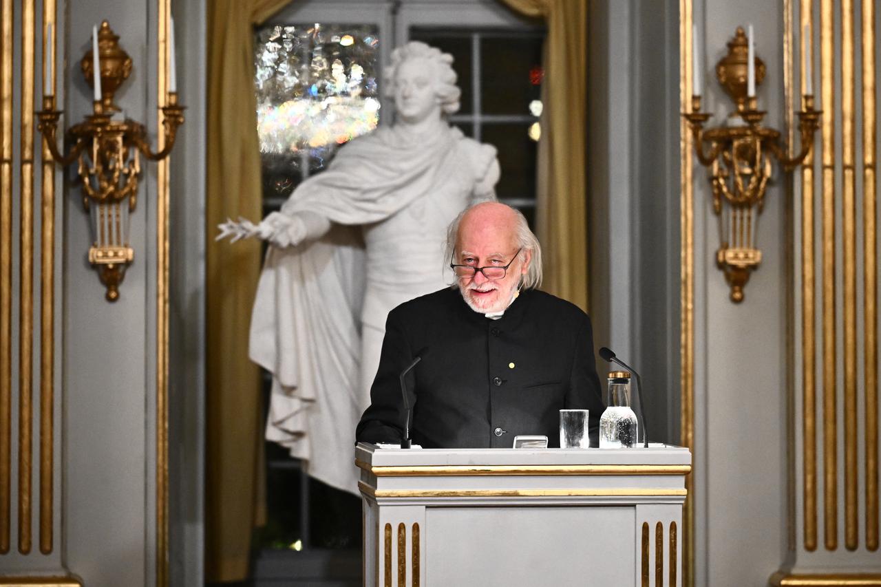 Laszlo Krasznahorkai, Nobel Prize laureate in Literature, delivers his Nobel Prize lecture in the Stock Exchange Hall at the Swedish Academy