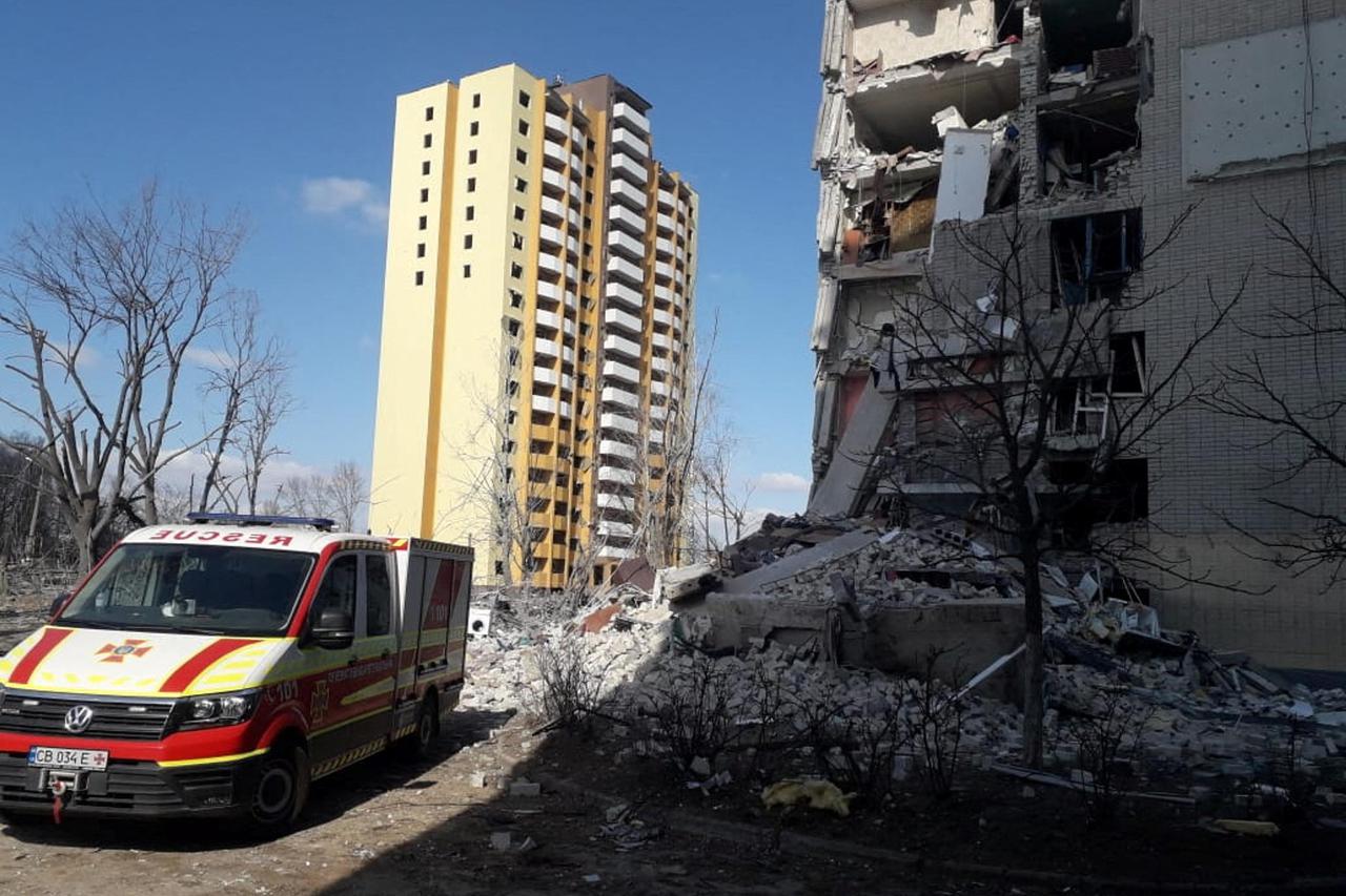 A residential building damaged by shelling is seen in Chernihiv