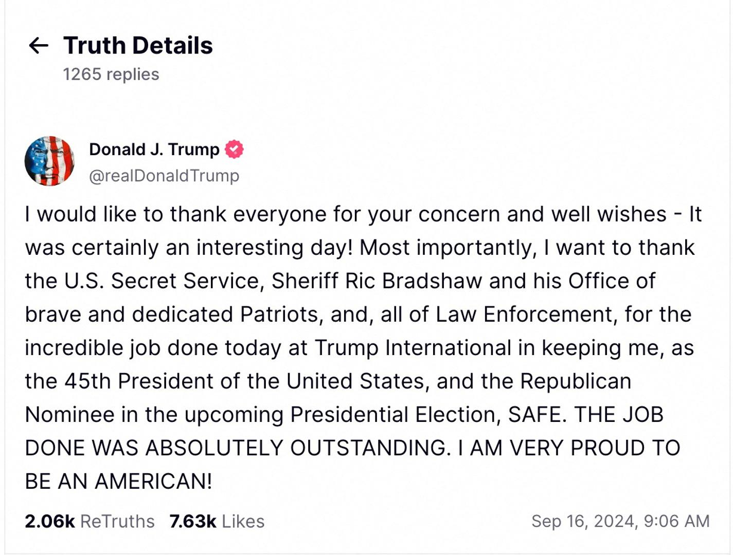 A screengrab shows Republican presidential nominee and former U.S. President Donald Trump's first post on his Truth Social account following what the FBI said was an apparent assassination attempt on Trump in Florida, September 15, 2024.  Social Media/via REUTERS  THIS IMAGE HAS BEEN SUPPLIED BY A THIRD PARTY. Photo: SOCIAL MEDIA/REUTERS