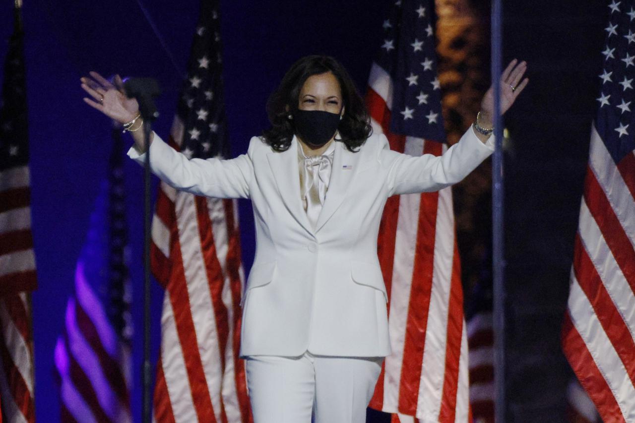 Democratic 2020 U.S. vice presidential nominee Kamala Harris speaks at their election rally in Wilmington