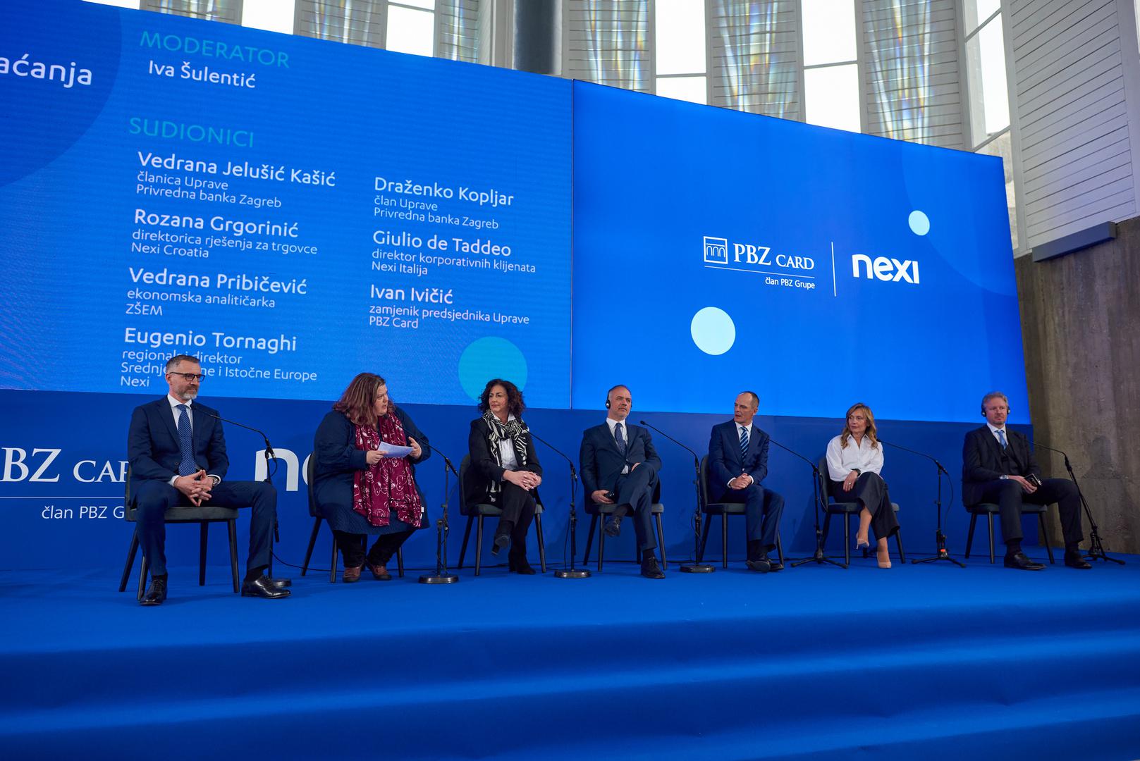 Slijeva nadesno: Ivan Ivičić, zamjenik predsjednika Uprave PBZ Carda, Vedrana Pribičević, ekonomska analitičarka (ZŠEM), Vedrana Jelušić Kašić, članica Uprave PBZ-a, Eugenio Tornaghi, regionalni direktor Srednje, Južne i Istočne Europe Nexija, Draženko Kopljar, član Uprave PBZ-a, Rozana Grgorinić, direktorica rješenja za trgovce Nexi Croatije, Giulio de Taddeo, direktor korporativnih klijenata Nexi Italije