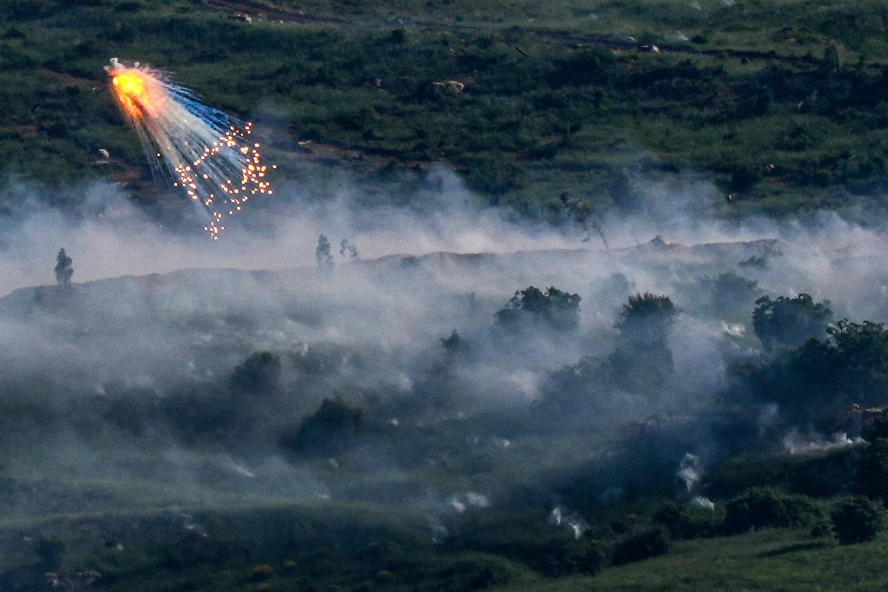 An explosion of what appears to be white phosphorus after an Israeli army attack in South Lebanon, as seen from the Israeli side of the Israel-Lebanon border