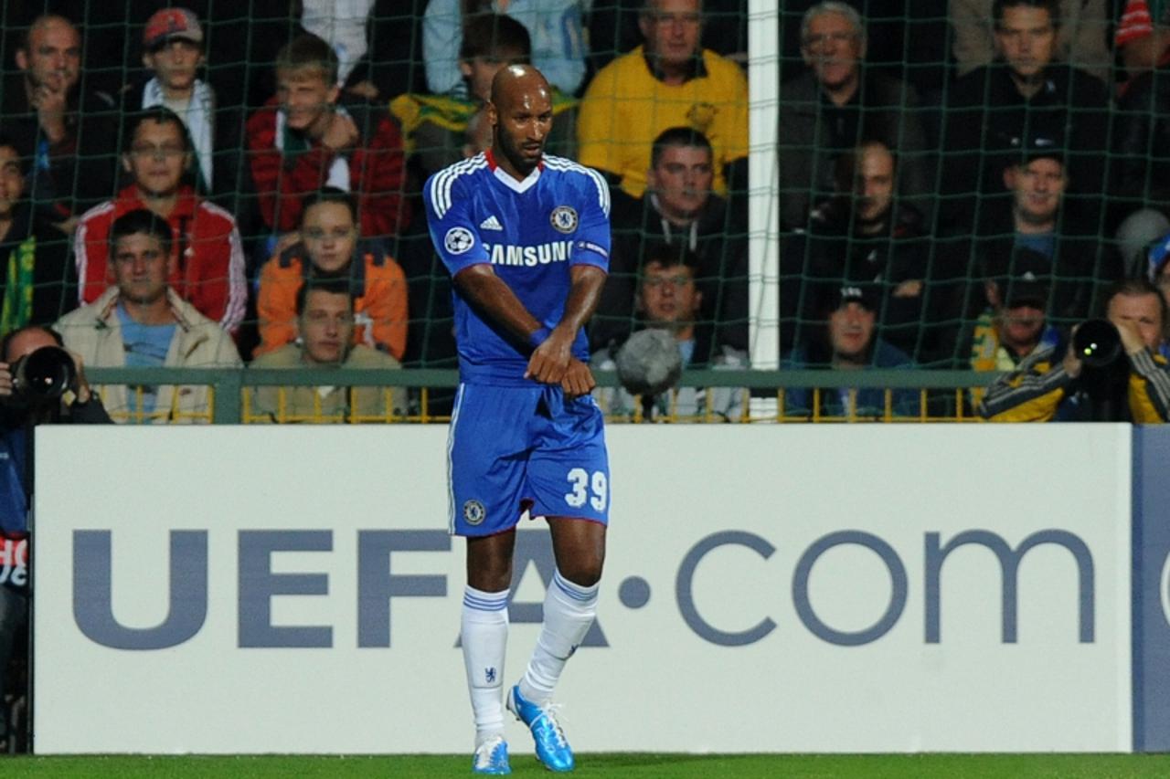 'Chelsea football player Nicolas Anelka reacts after scoring during the UEFA Champions League group F football match against MSK Zilina, in Zilina on September 15, 2010. AFP PHOTO / JOE KLAMAR'