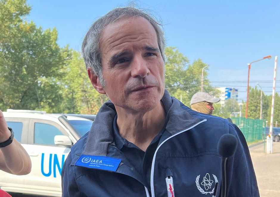 IAEA Director General Grossi speaks with journalists after the International Atomic Energy Agency (IAEA) mission arrives in Zaporizhzhia