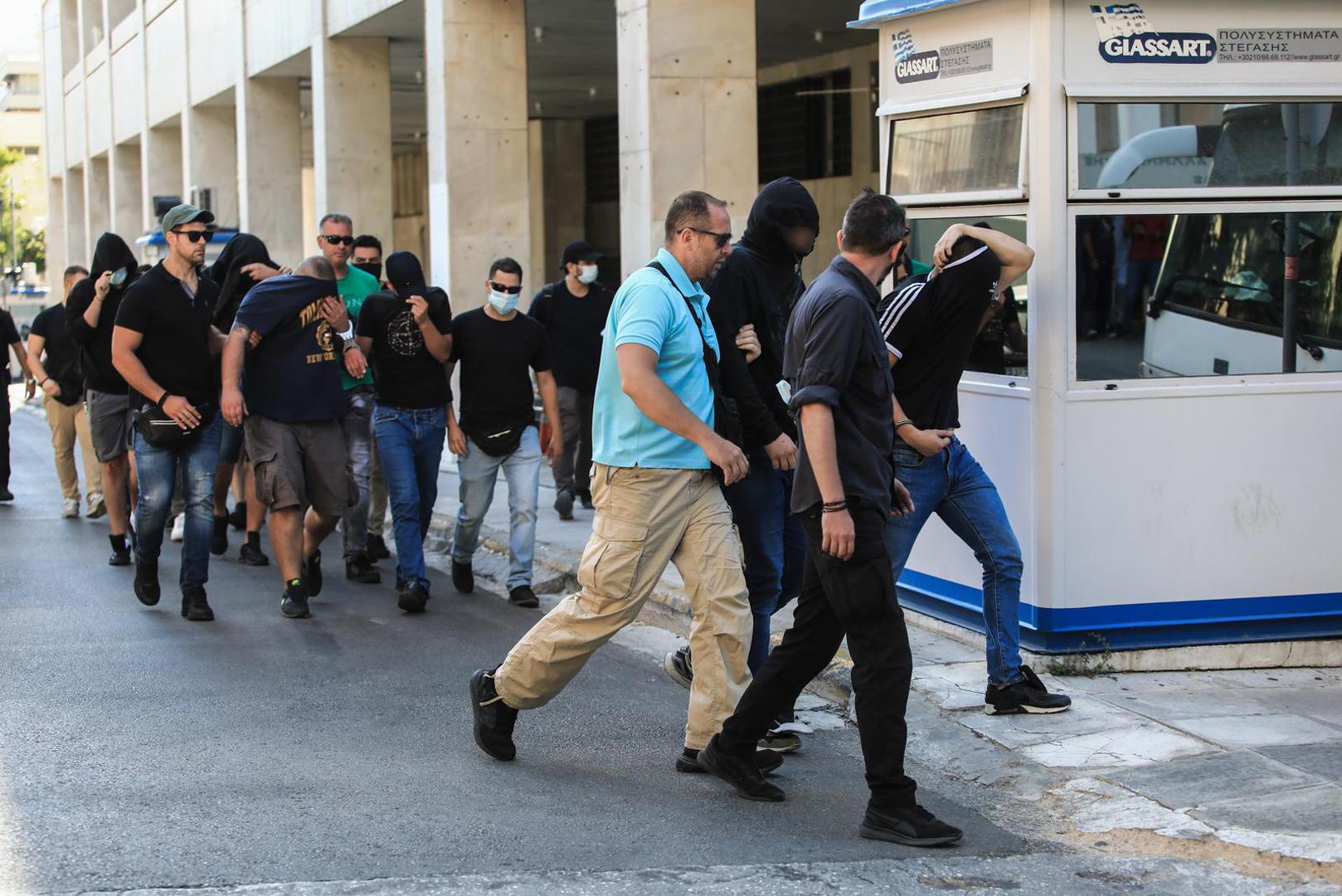 09.08.2023., Atena, Grcka - Svih 94 uhicenih osoba koje je grcka policija privela nakon navijackih nereda uoci utakmice 3. pretkola kvalifikacija Lige prvaka izmedju AEK-a i Dinama odvedeni su pred tuzitelja.  Photo: Yiannis Panagopoulos/EUROKINISSI/PIXSELL
