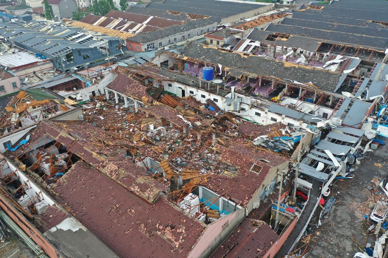 Aerial view shows damaged buildings after a tornado ripped through Shengtian village in Shengze town of Suzhou