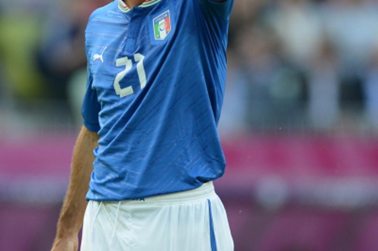 'Italian midfielder Andrea Pirlo gestures during the Euro 2012 championships football match Spain vs Italy on June 10, 2012 at the Gdansk Arena.   AFP PHOTO / CHRISTOF STACHE'